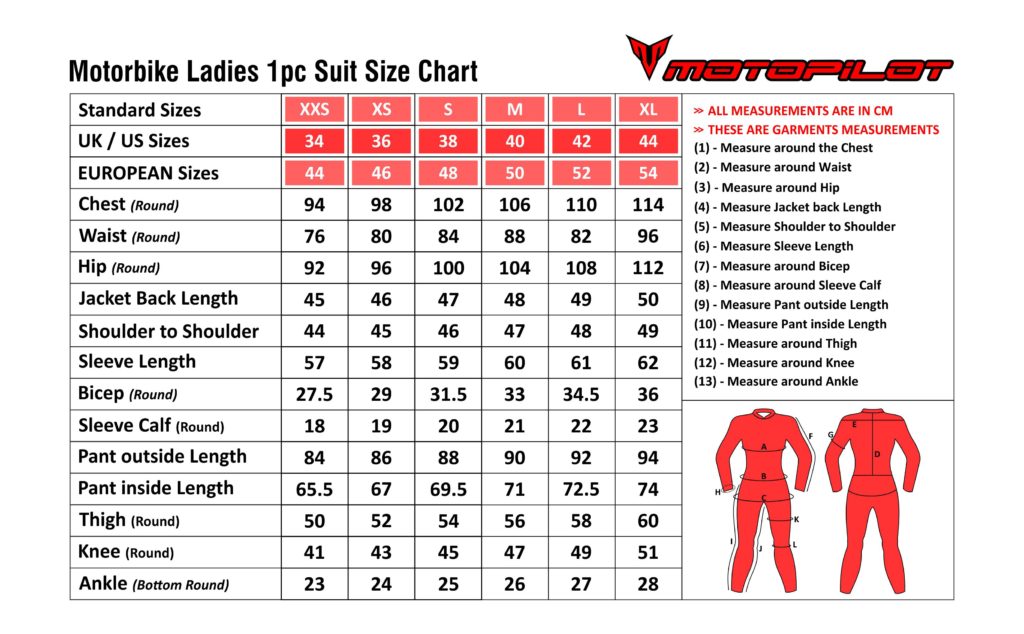 Motorbike Leathers Size Chart